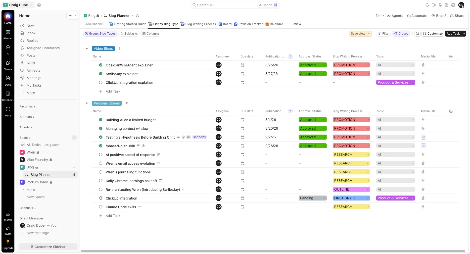 The Blog Planner list in ClickUp, with posts grouped into Video Blogs and Personal Stories, each showing its publication date, approval status and writing stage.