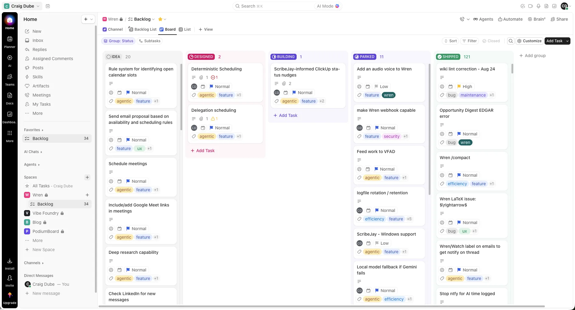 The Wren backlog in ClickUp's Board view, with one column each for idea, designed, building, parked and shipped.